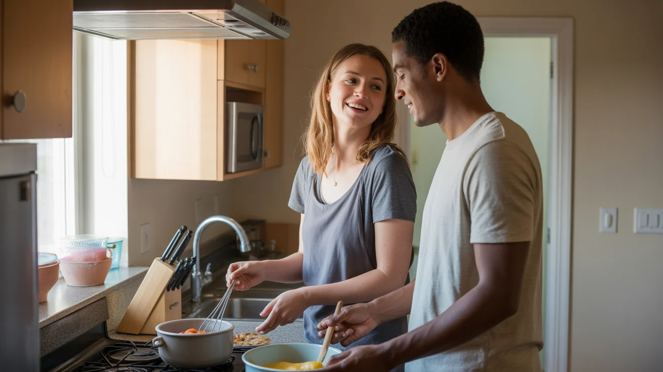 Couple cooking together in affordable apartment kitchen in Gastonia, NC