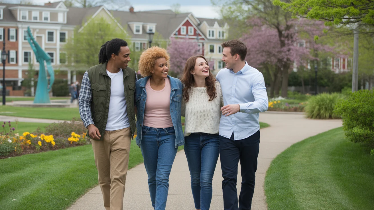 Friends stroll through upscale park near townhomes in Concord, NC