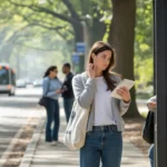 Woman checking bus schedule at transit shelter in Chapel Hill, NC