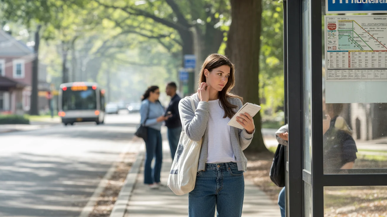 Woman checking bus schedule at transit shelter in Chapel Hill, NC