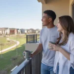 Couple on apartment balcony looking at Frisco neighborhood on sunny morning
