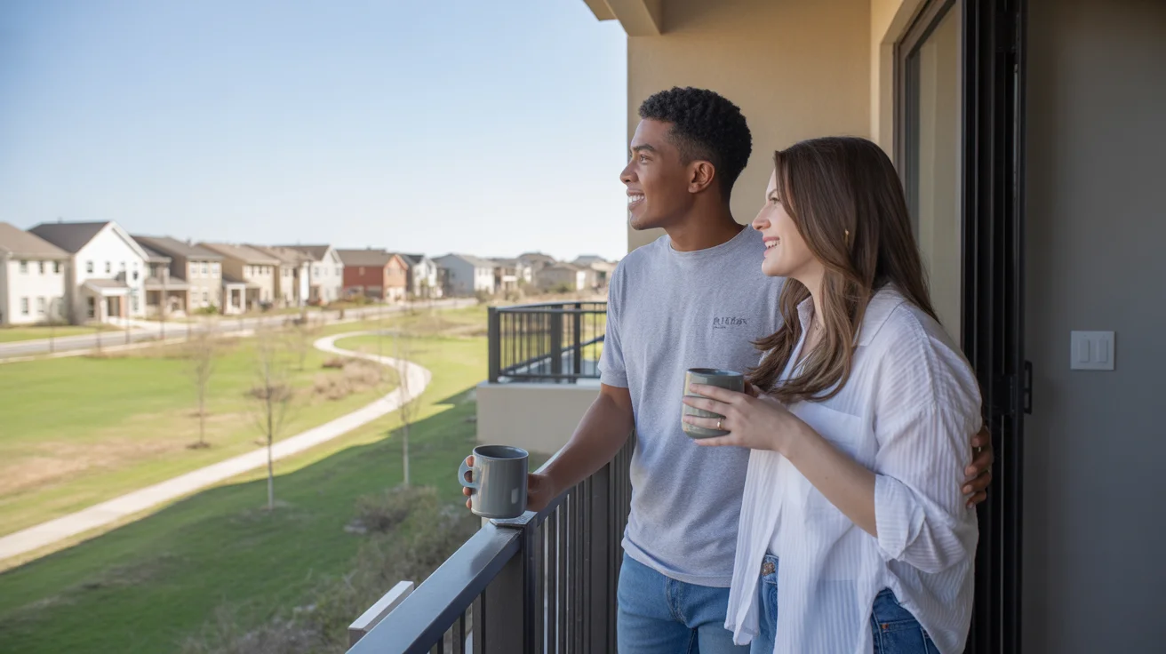 Couple on apartment balcony looking at Frisco neighborhood on sunny morning
