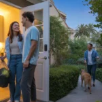 Couple chatting with neighbor while taking out trash at Irvine apartment complex at dusk