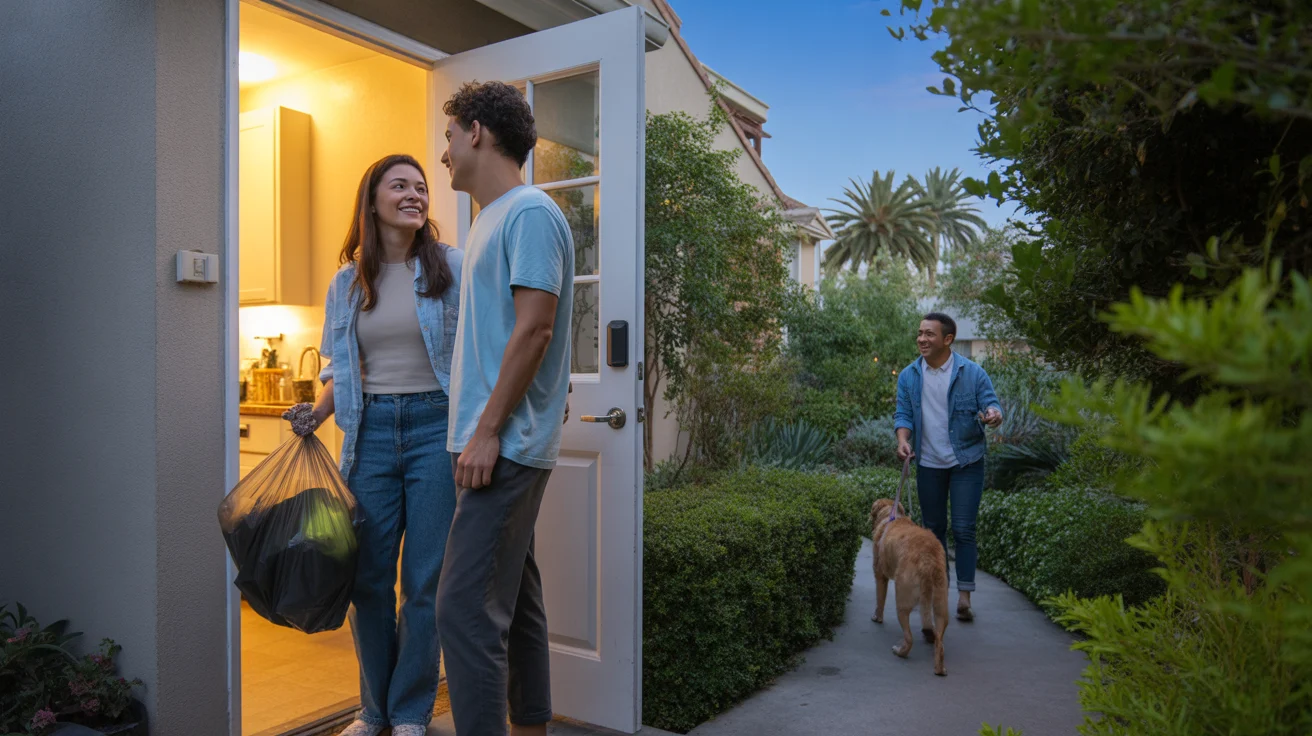 Couple chatting with neighbor while taking out trash at Irvine apartment complex at dusk