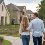 Couple walking through upscale neighborhood in The Woodlands, TX at sunset