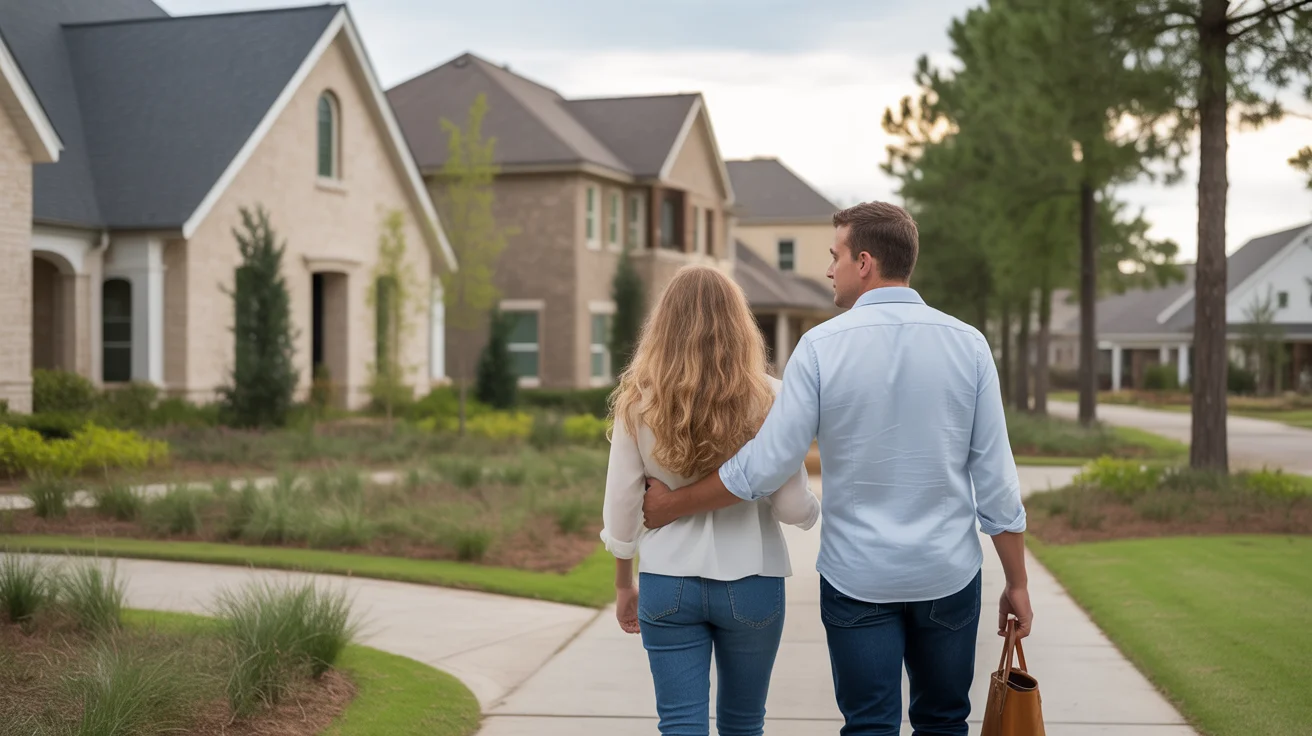 Couple walking through upscale neighborhood in The Woodlands, TX at sunset