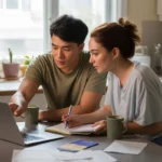 A young couple reviews their monthly budget at their kitchen table in their Anaheim apartment.