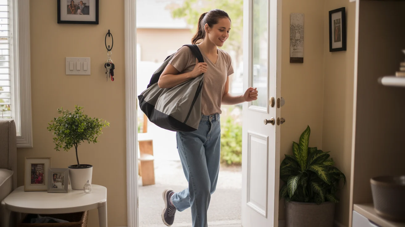 Woman carrying gym bag enters her comfortable apartment in Commerce City, CO