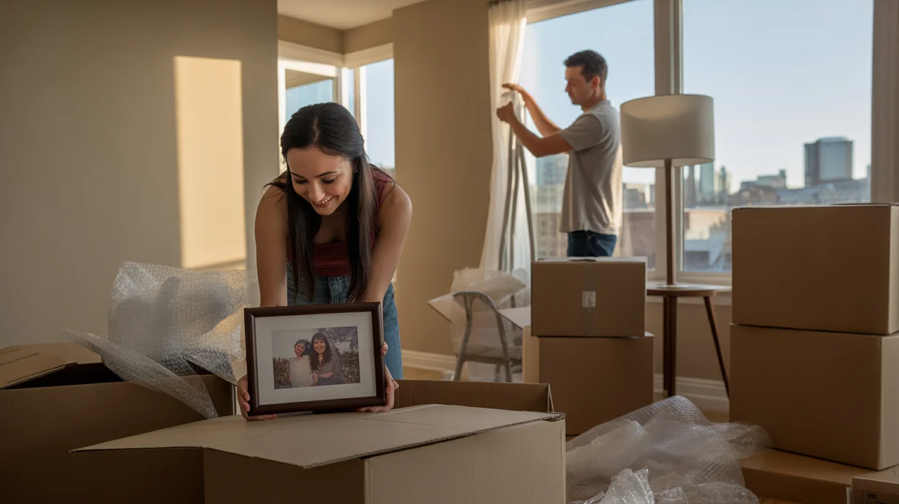 A couple unpacks moving boxes in their new Aurora apartment