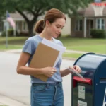 Woman mailing utility payment envelope on residential Mckinney TX street