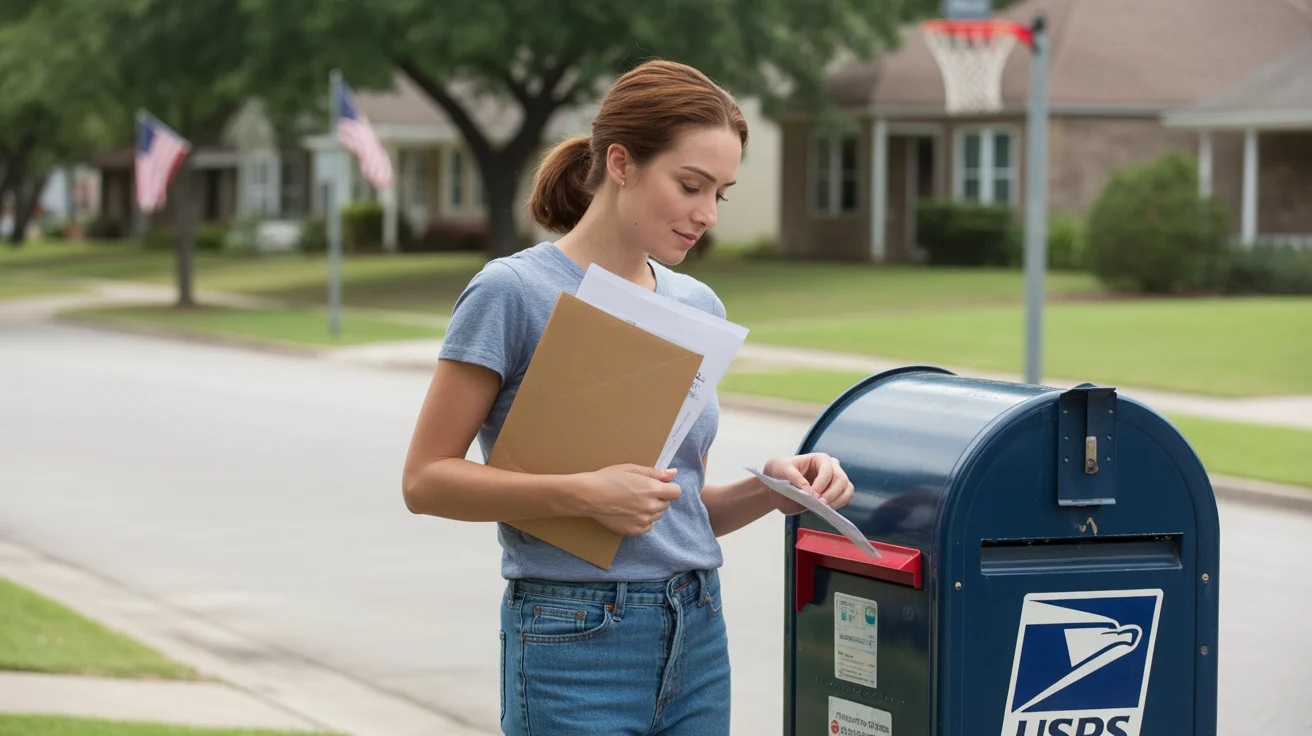 Woman mailing utility payment envelope on residential Mckinney TX street