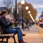 A student checks the time while waiting for a delayed Metra train on a chilly fall evening in Wheaton, IL.