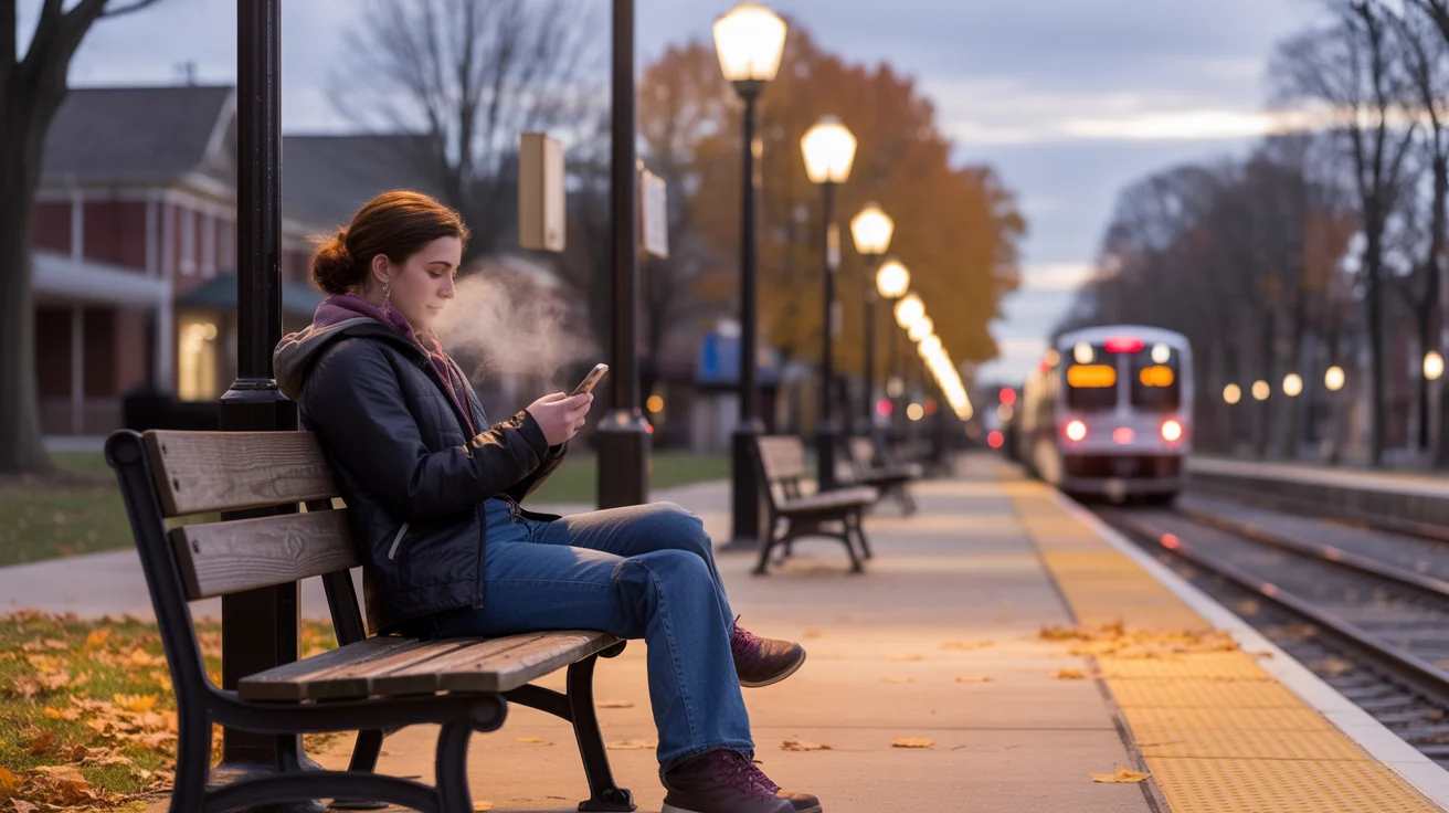 A student checks the time while waiting for a delayed Metra train on a chilly fall evening in Wheaton, IL.