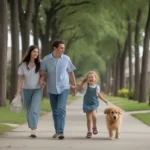 Family walks dog through peaceful League City neighborhood with spacious modern homes.