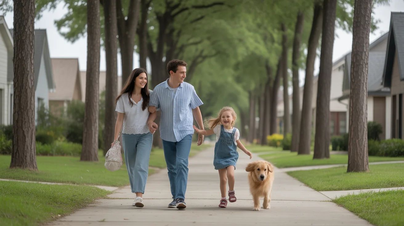 Family walks dog through peaceful League City neighborhood with spacious modern homes.