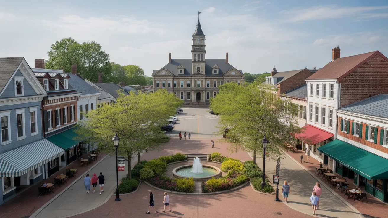 Aerial view of Georgetown's town square on a sunny day