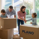 Family unpacking after moving into a new home in Plano, Texas