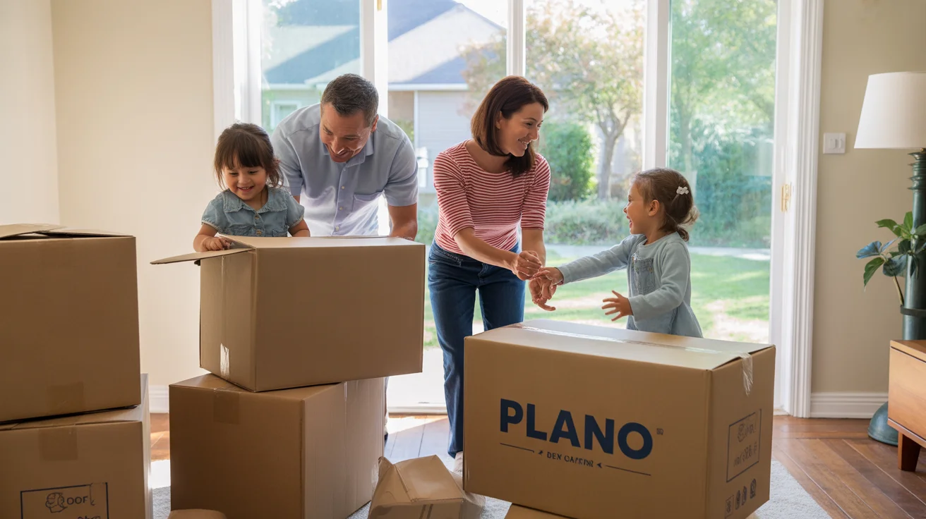 Family unpacking after moving into a new home in Plano, Texas