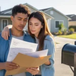 Couple reviewing HOA statement outside new home in Ontario, CA