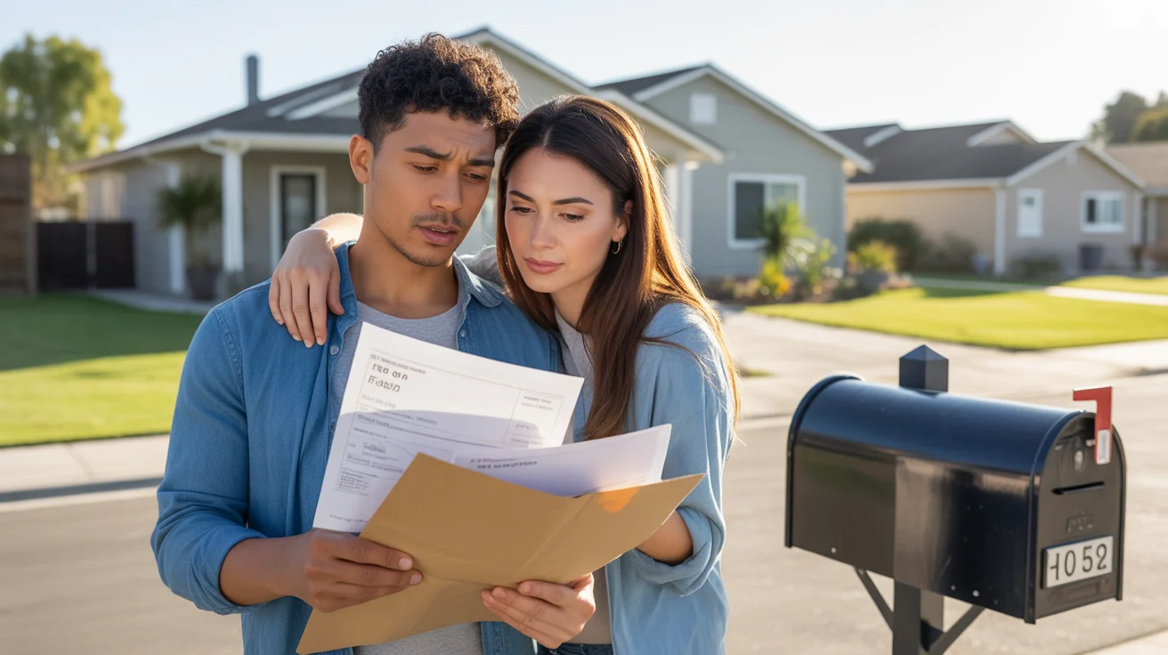 Couple reviewing HOA statement outside new home in Ontario, CA