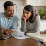 Couple reviews monthly budget in their Anaheim apartment kitchen