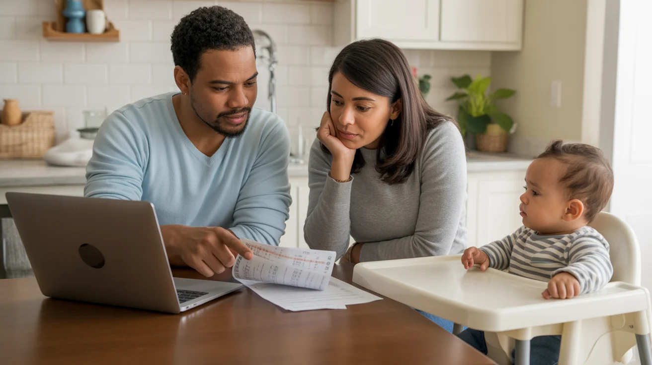 Couple reviews monthly budget in their Anaheim apartment kitchen
