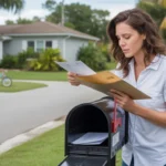 Woman checking mail outside her home in Tampa, looking concerned about bills