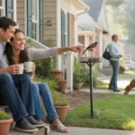Couple drinking coffee on townhome steps in Roswell neighborhood