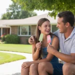 Father and teenage daughter enjoying popsicles on the shaded front steps of their Denver home on a hot summer day.