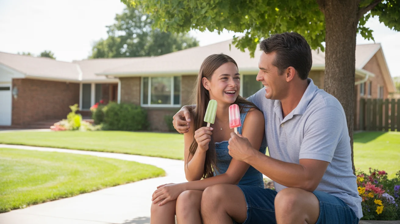 Father and teenage daughter enjoying popsicles on the shaded front steps of their Denver home on a hot summer day.