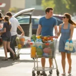 Couple shopping for groceries in Commerce City, CO on a sunny day