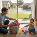 Father folding laundry while daughter plays in Henderson living room
