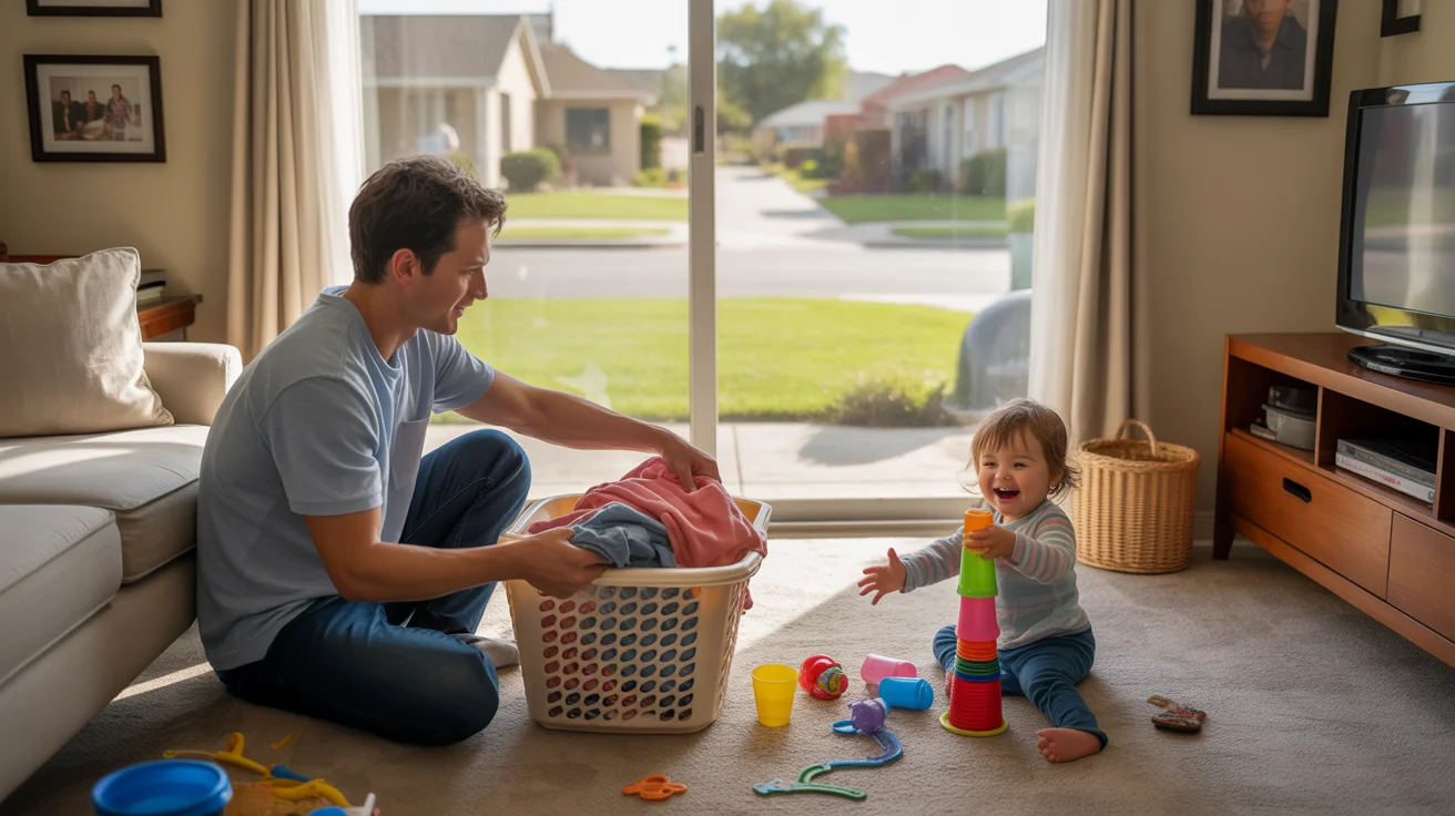 Father folding laundry while daughter plays in Henderson living room
