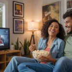 Couple streaming TV and eating popcorn on couch in cozy Monroe apartment living room