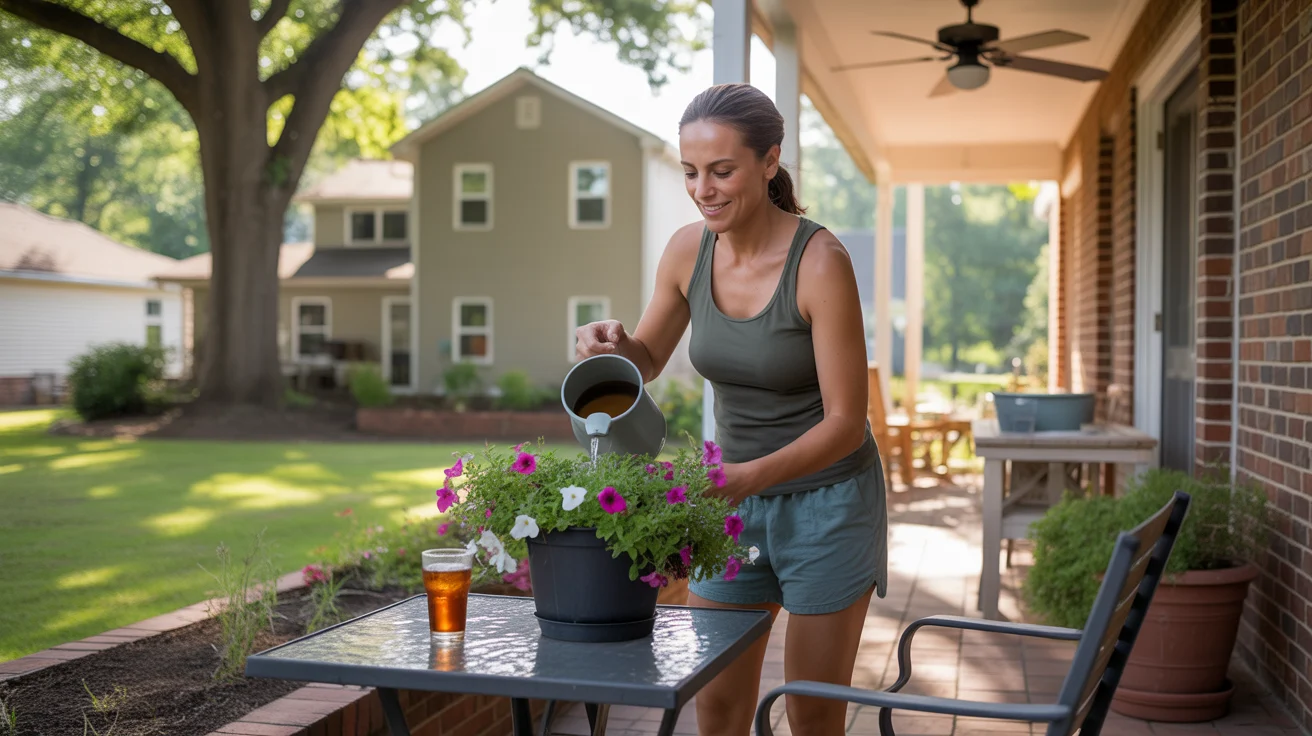 Woman waters potted plants on shaded patio outside her Marietta, GA home early on a summer morning