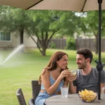 Couple enjoying iced drinks in the shade of their backyard on a hot summer day in Pflugerville, TX