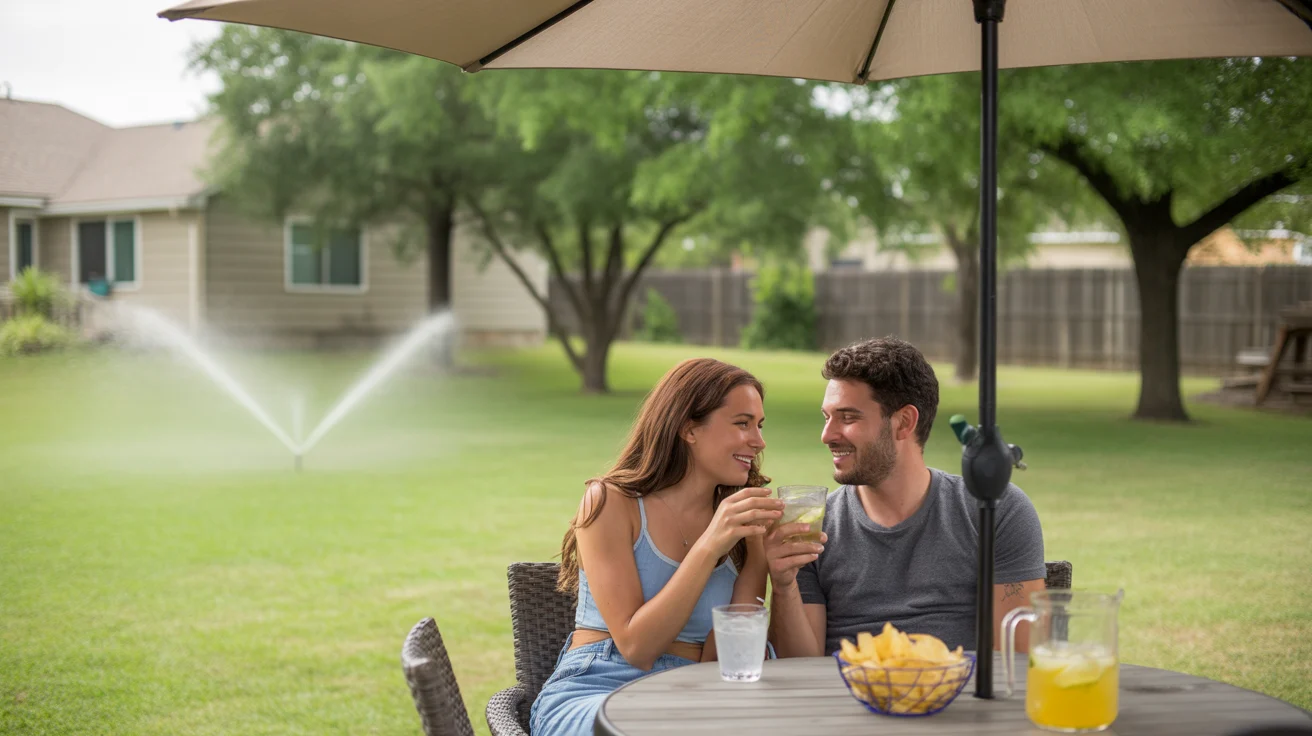 Couple enjoying iced drinks in the shade of their backyard on a hot summer day in Pflugerville, TX