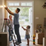 Father changing light bulb in new Katy home while wife and daughter look on