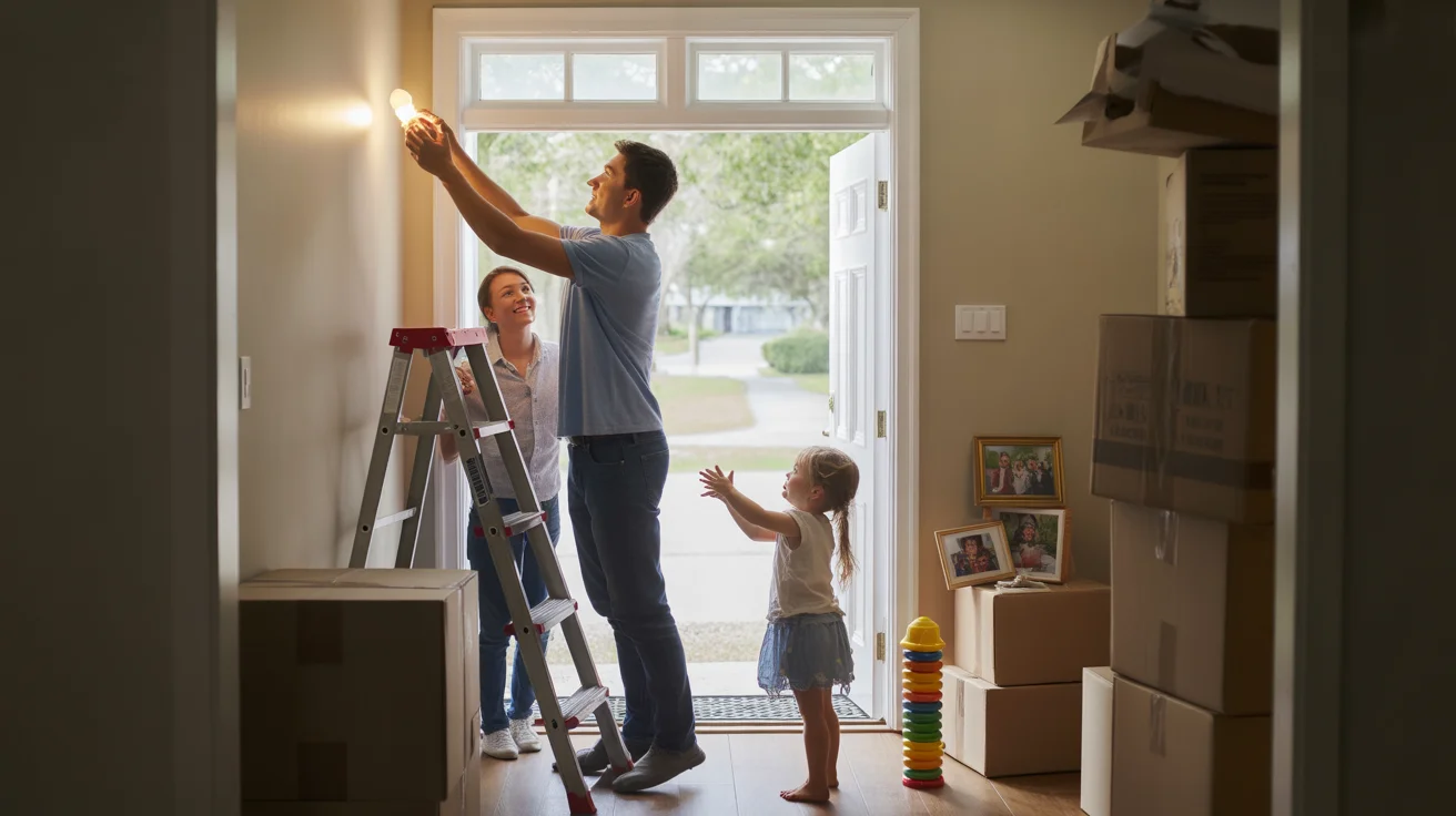 Father changing light bulb in new Katy home while wife and daughter look on