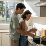Couple cooking together in modern Clermont apartment kitchen