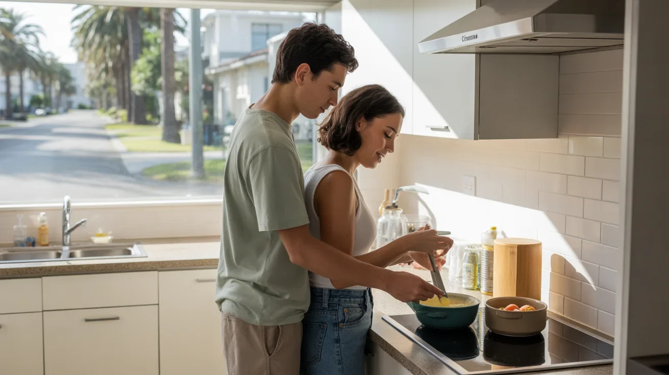 Couple cooking together in modern Clermont apartment kitchen