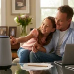Father and daughter enjoying new smart speaker together in living room