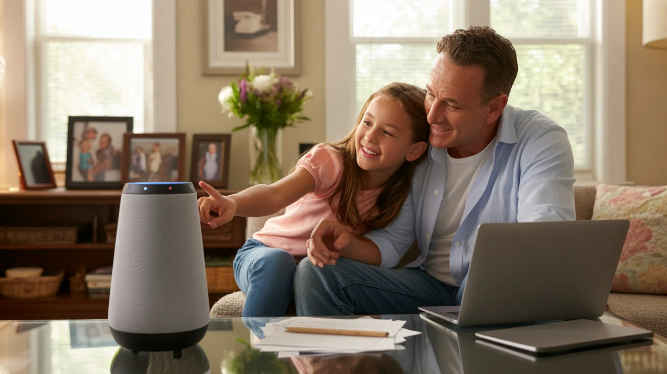 Father and daughter enjoying new smart speaker together in living room