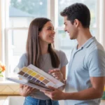 Couple smiling while looking at paint colors in kitchen of Pasadena home