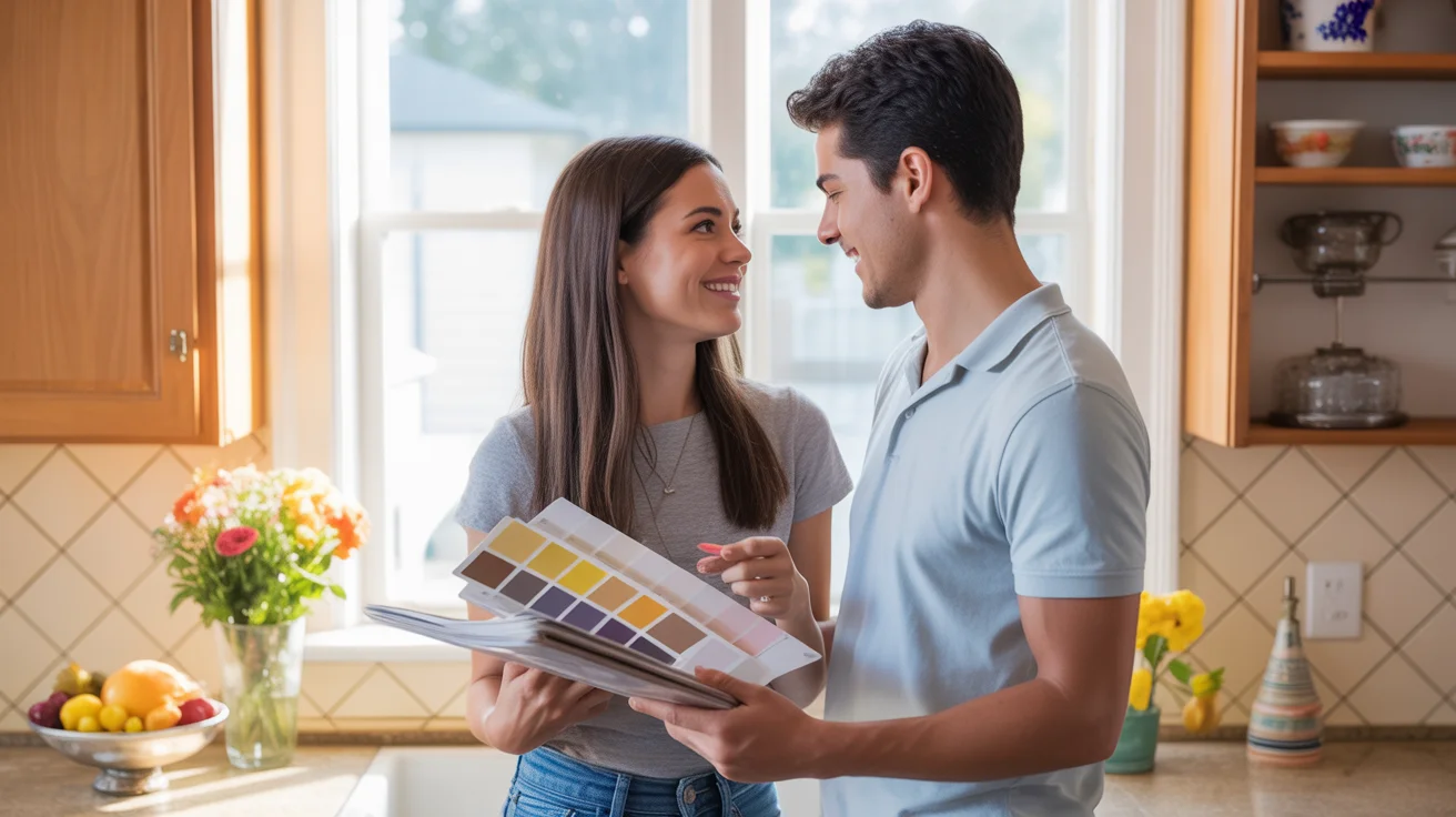 Couple smiling while looking at paint colors in kitchen of Pasadena home