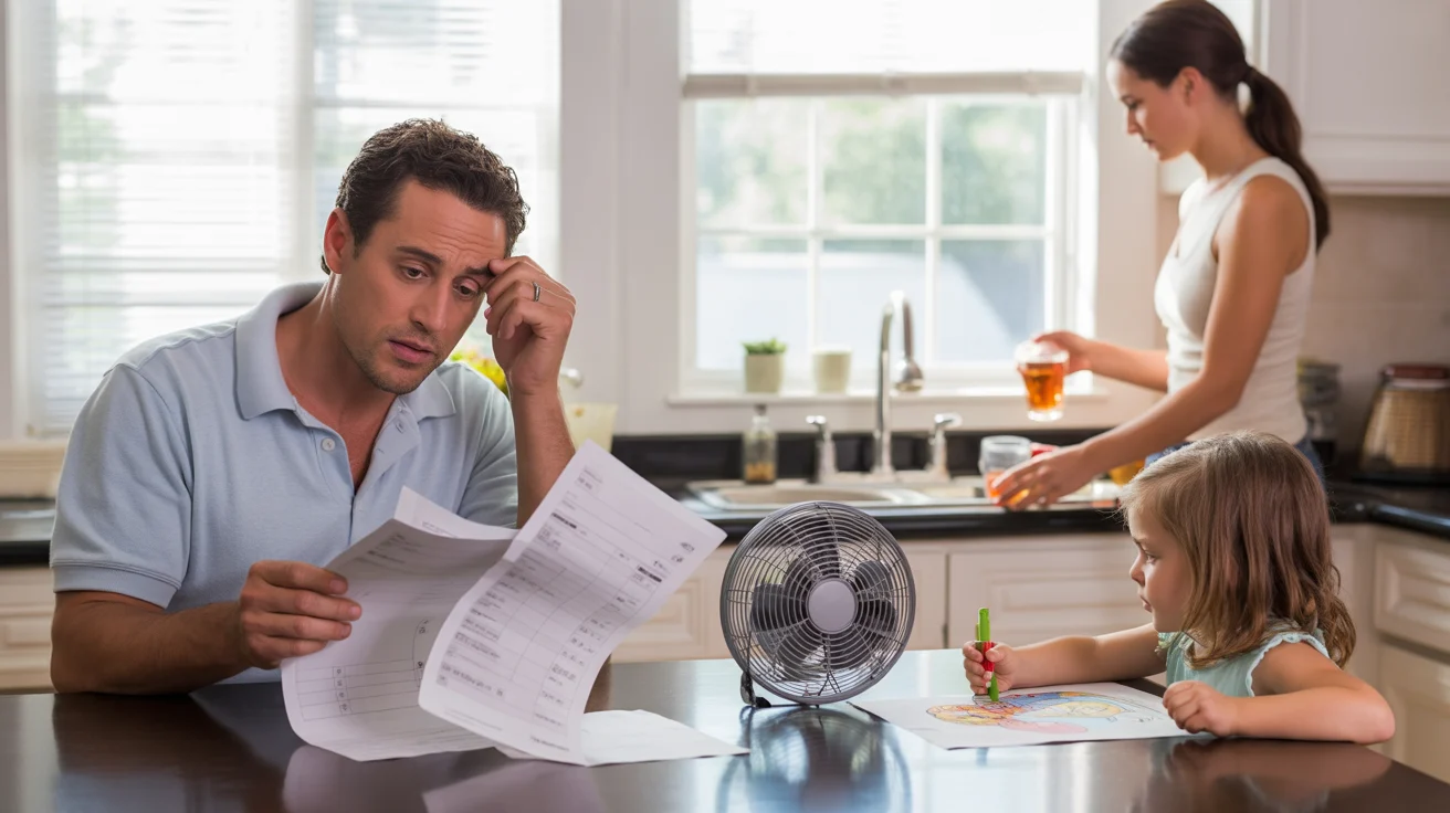 Man reviewing high summer electric bills at kitchen table with family