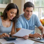 Couple reviewing monthly budget at kitchen table in Kissimmee apartment