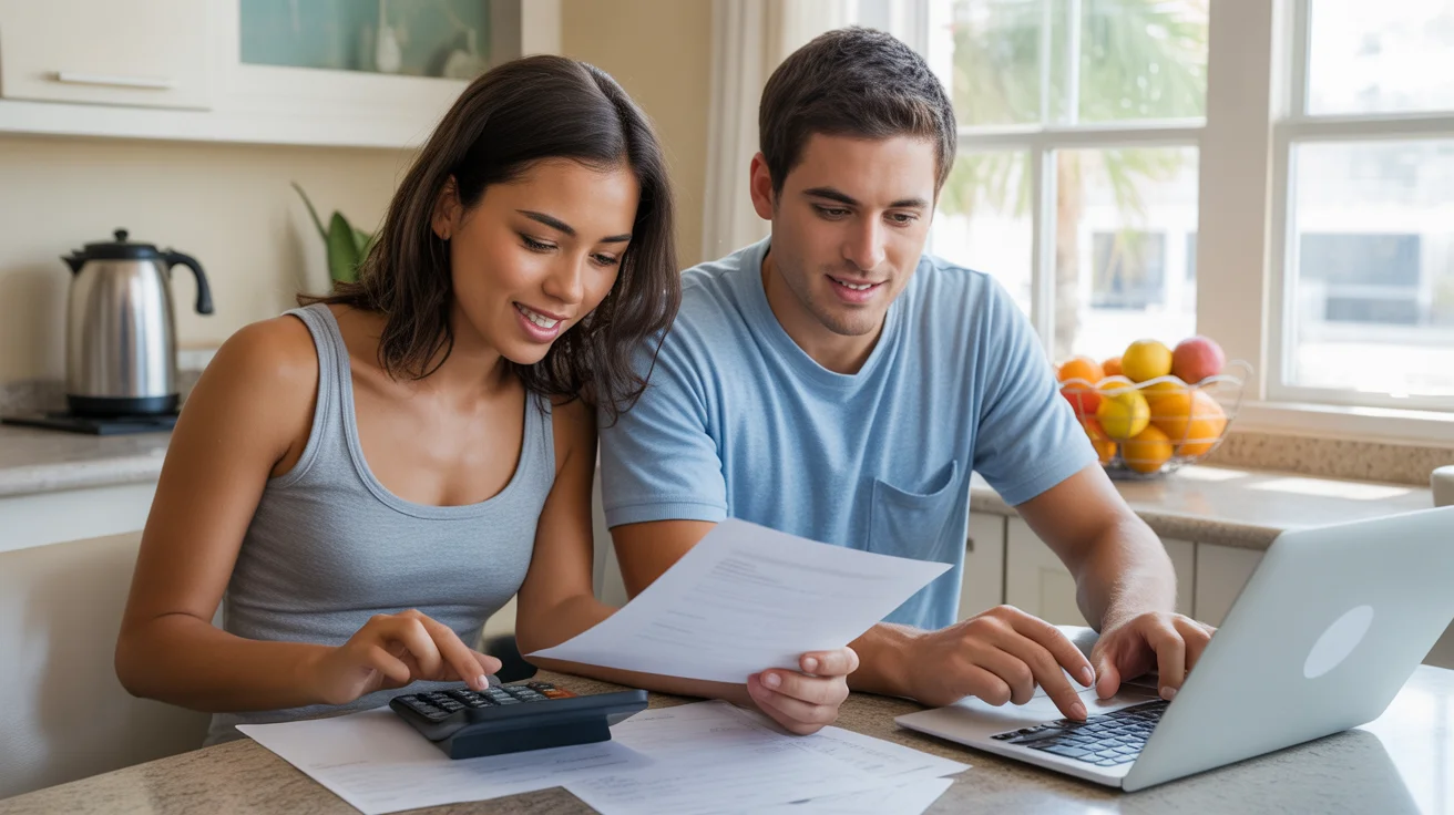 Couple reviewing monthly budget at kitchen table in Kissimmee apartment