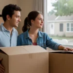 Couple unpacking in their new Garland home, looking out at a peaceful neighborhood street