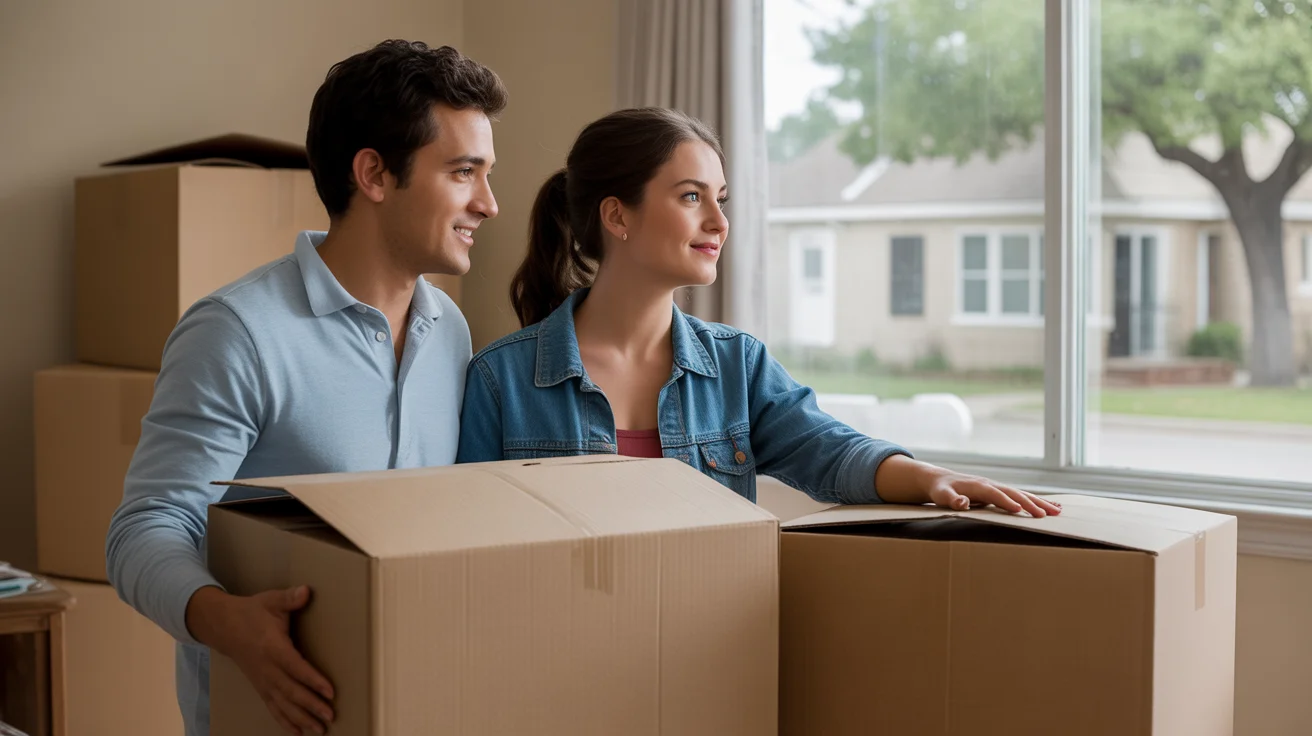 Couple unpacking in their new Garland home, looking out at a peaceful neighborhood street